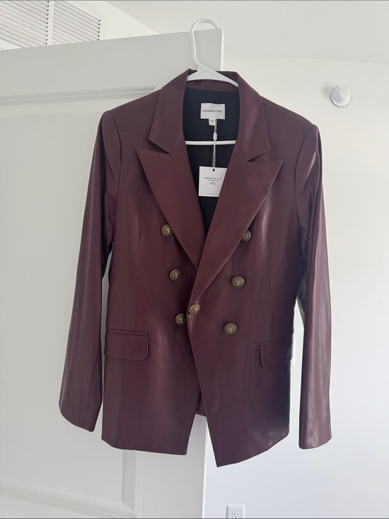Lavender Brown Jackets & Blazers - Lavender Brown Double-Breasted Faux Leather Blazer in Burgundy
